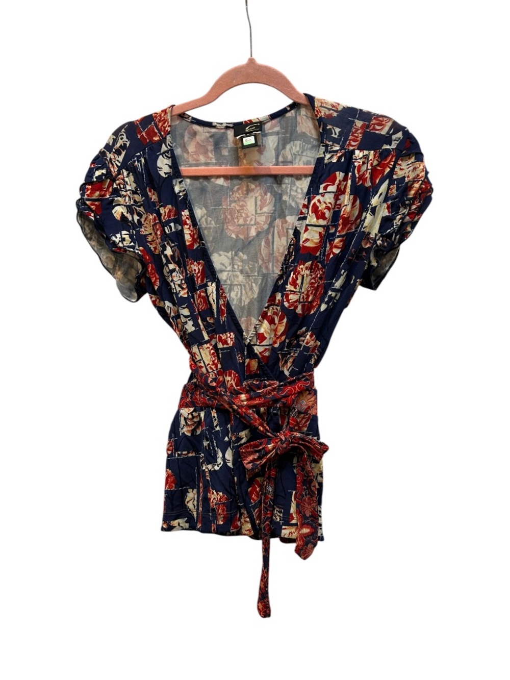 Roberto Cavalli blue red floral patchwork silk jersey knit wrap top ITALY M